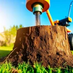 Stump grinding service showcasing a professional grinder in action amidst a lush garden.