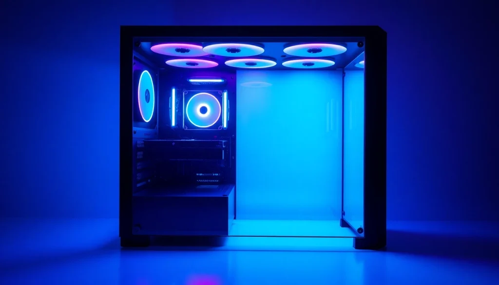 Showcase a modern PC CASE Manufacturer's sleek design featuring RGB lighting and glass panels for a gaming setup.