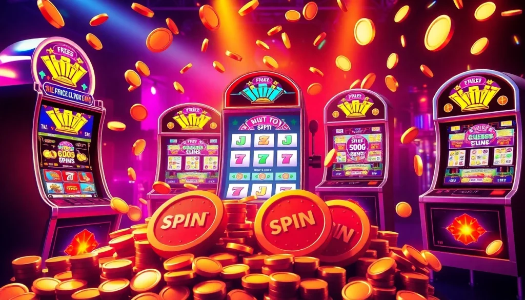 Experience exciting free spins on vibrant slot machines with colorful tokens and coins.