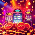 Experience exciting free spins on vibrant slot machines with colorful tokens and coins.