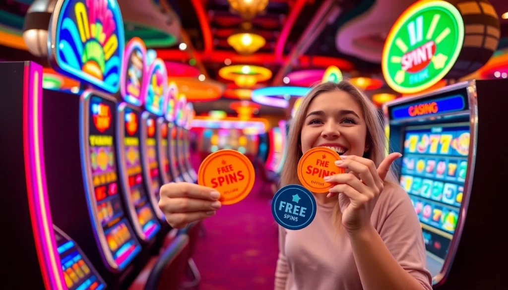 Enjoy thrilling free spins while celebrating a winning moment at a vibrant casino.