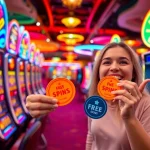 Enjoy thrilling free spins while celebrating a winning moment at a vibrant casino.