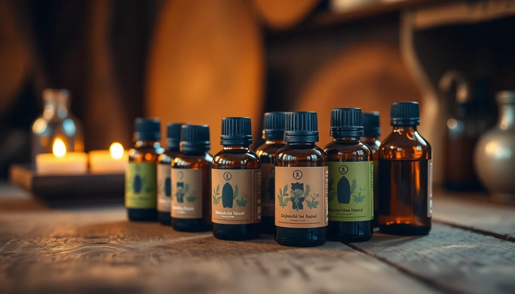 Explore essential oil bottles showcasing unique colors and textures on a rustic table.