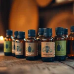 Explore essential oil bottles showcasing unique colors and textures on a rustic table.