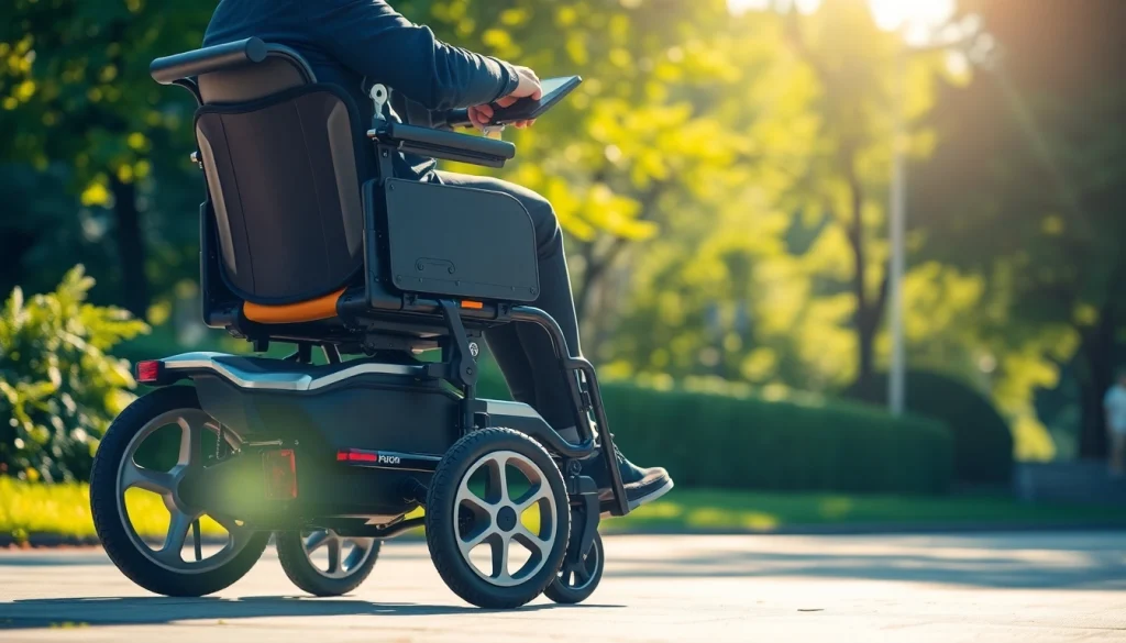 Person maneuvering a power wheelchair easily across a park, highlighting its agility and ergonomic features.