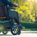 Person maneuvering a power wheelchair easily across a park, highlighting its agility and ergonomic features.