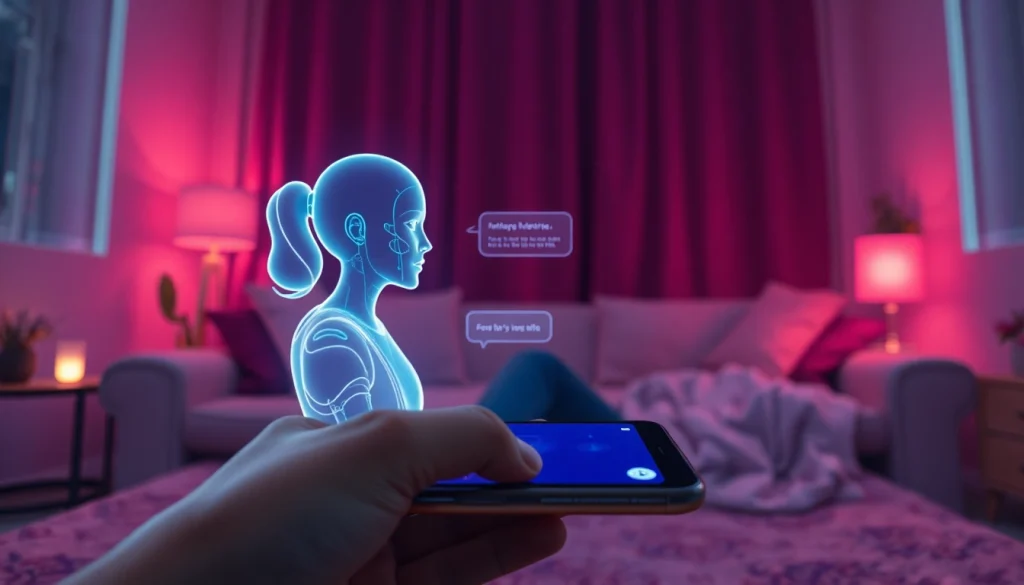 Engage in chat ai sex with an intimate AI character in a futuristic digital chat environment.