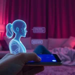 Engage in chat ai sex with an intimate AI character in a futuristic digital chat environment.