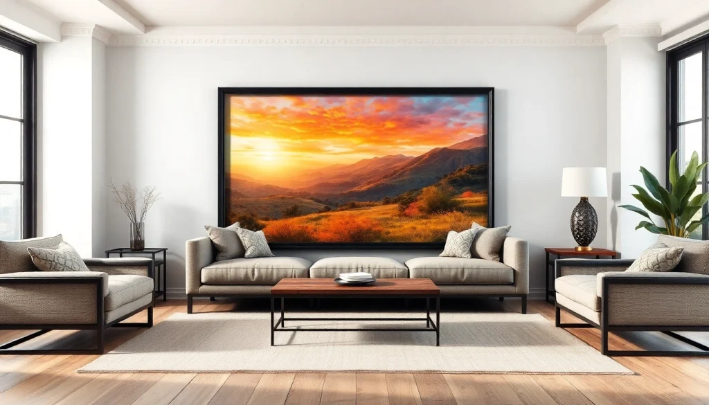 Showcase a stylish 36x48 frame highlighting a beautiful landscape painting in a cozy living room.