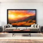 Showcase a stylish 36x48 frame highlighting a beautiful landscape painting in a cozy living room.