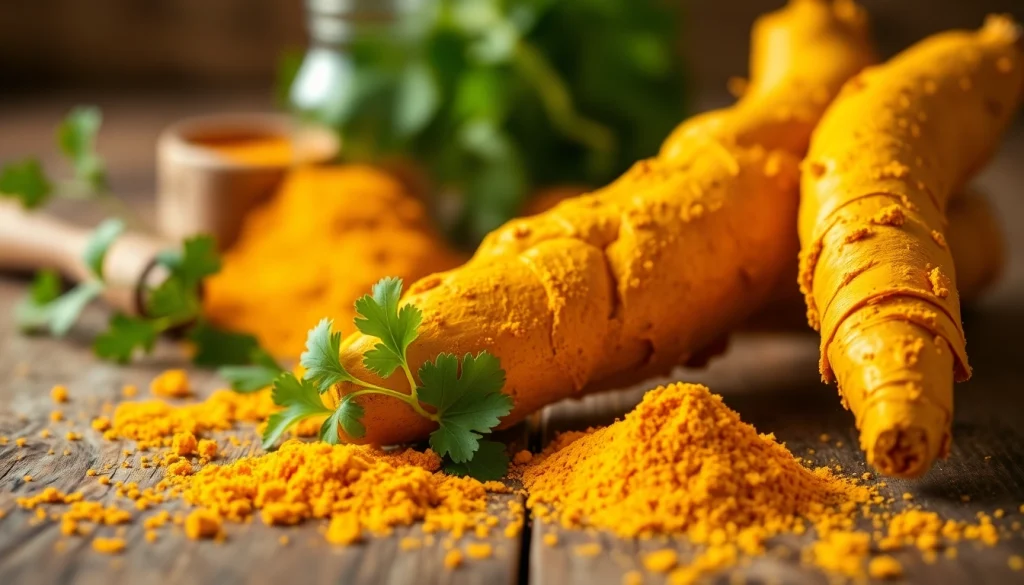 Harvested turmeric root displayed richly alongside its vibrant yellow powder on a wooden surface.