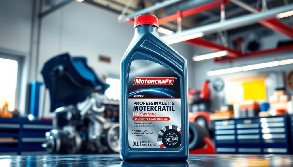 Showcasing full synthetic motorcraft oil in a professional mechanic's environment, emphasizing quality and reliability.