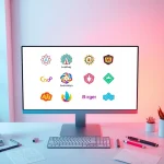 Create a custom AI logo design featuring vibrant colors and a sleek digital workspace.