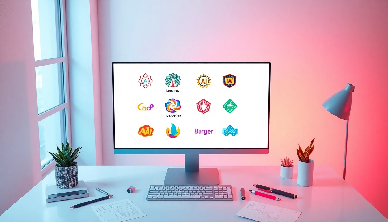 Create a custom AI logo design featuring vibrant colors and a sleek digital workspace.