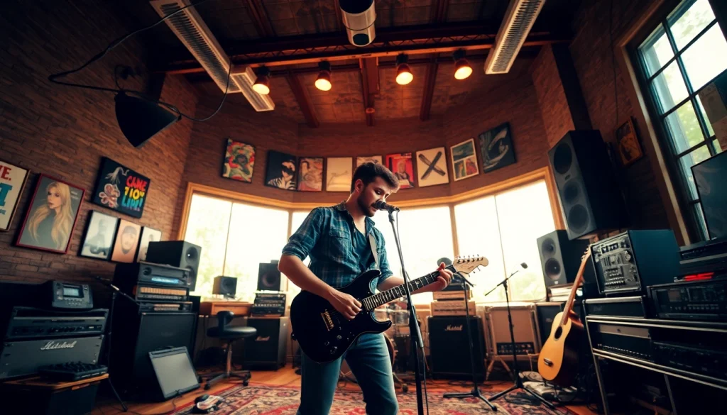 Independent Artist creating music in an inspiring studio filled with instruments.