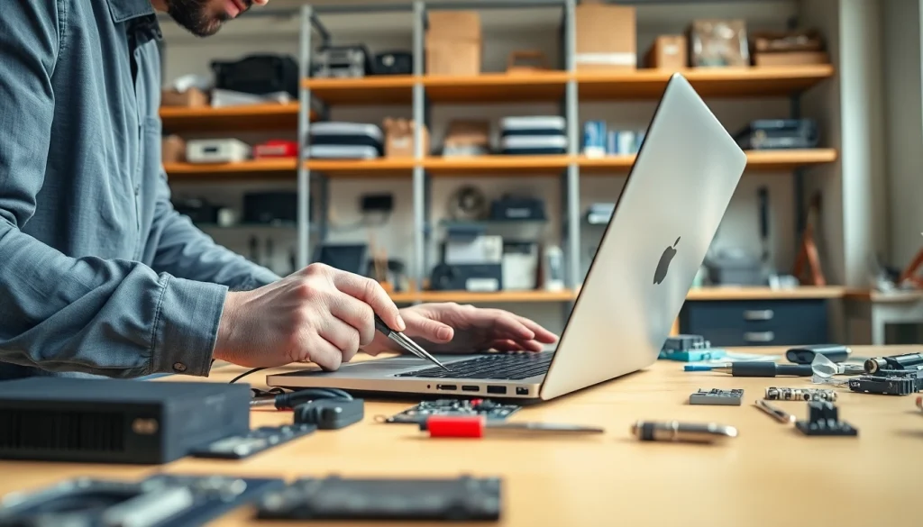 Riparazione computer torino con un tecnico che sistemando un laptop in un laboratorio.