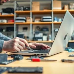 Riparazione computer torino con un tecnico che sistemando un laptop in un laboratorio.