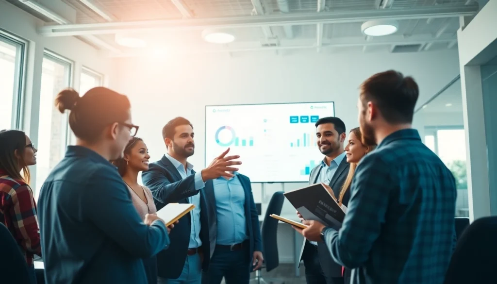 Enhance trade marketing strategies through dynamic team collaboration in a modern office setting.