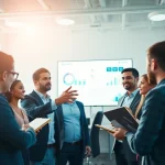 Enhance trade marketing strategies through dynamic team collaboration in a modern office setting.
