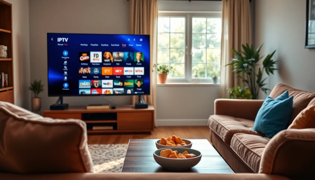 Enjoy a free trial IPTV subscription with a cozy living room setting featuring a modern TV.