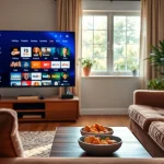 Enjoy a free trial IPTV subscription with a cozy living room setting featuring a modern TV.