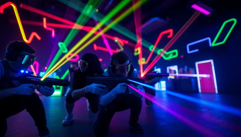 Participants engaging in an exciting game of laser tag, wearing vibrant gear in a colorful arena.