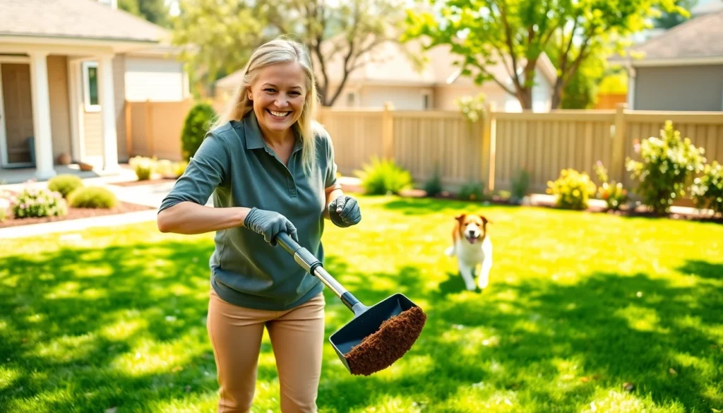 Dog poop cleanup in action as a pet owner scoops waste in a beautiful yard.
