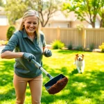 Dog poop cleanup in action as a pet owner scoops waste in a beautiful yard.