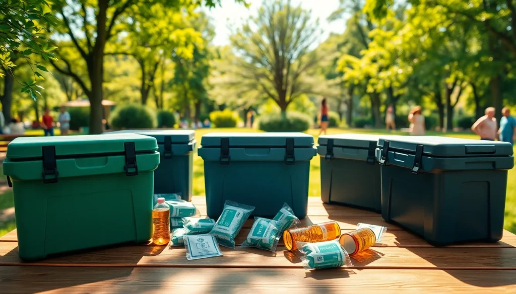 Showcasing cooler alternatives with unique features on a picnic table in a sunny park.
