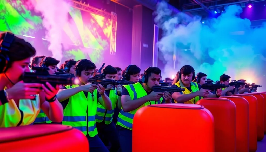 Players engage in intense laser tag action in a dynamic, neon-lit arena.