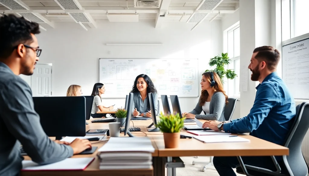 Engaged legal intake services team providing professional client support in a modern office.