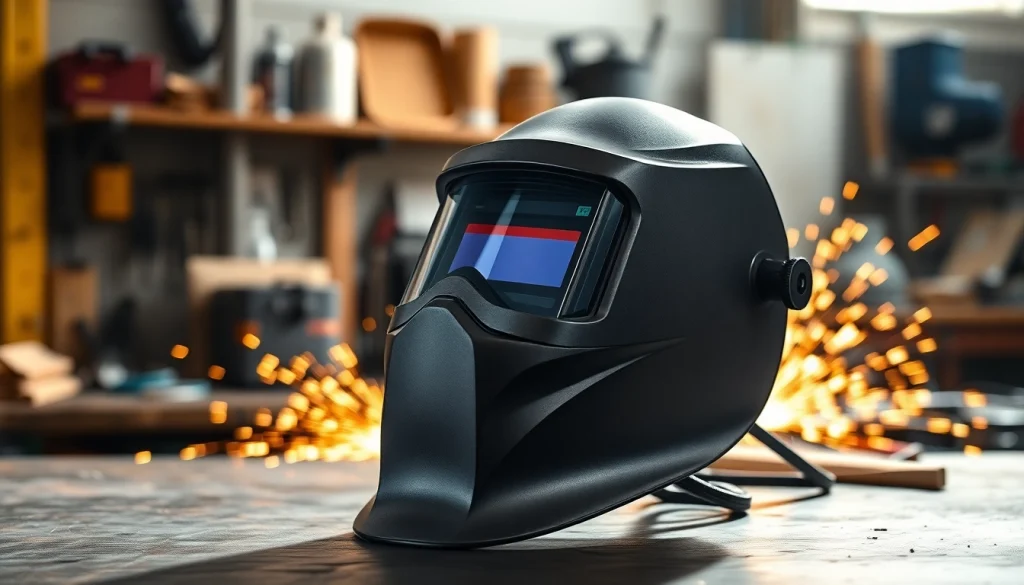 Welding mask displayed prominently in a workshop setting, highlighting its protective features.
