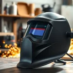 Welding mask displayed prominently in a workshop setting, highlighting its protective features.
