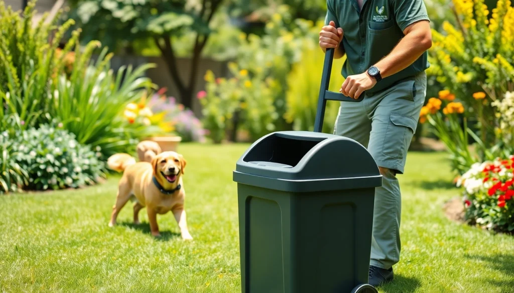 Technician performing a dog clean up service, ensuring a tidy backyard.
