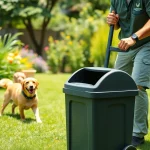 Technician performing a dog clean up service, ensuring a tidy backyard.