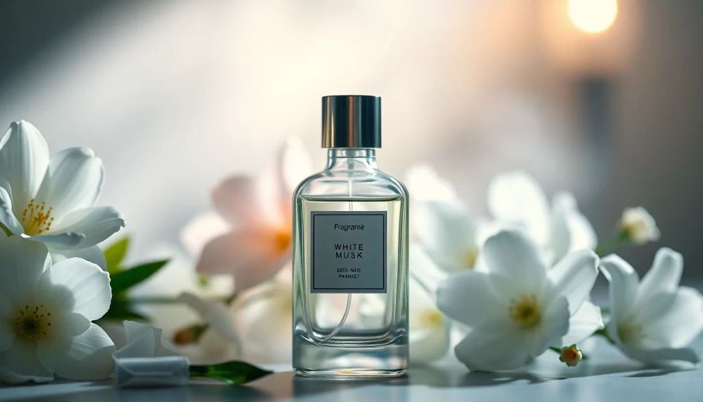 Vaporiser du parfum White musk entouré de fleurs fraîches dans une ambiance délicate.