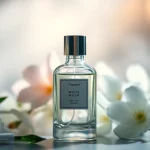 Vaporiser du parfum White musk entouré de fleurs fraîches dans une ambiance délicate.