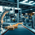 Machine vision system performing quality inspection in an industrial setting with robotic arm and camera.