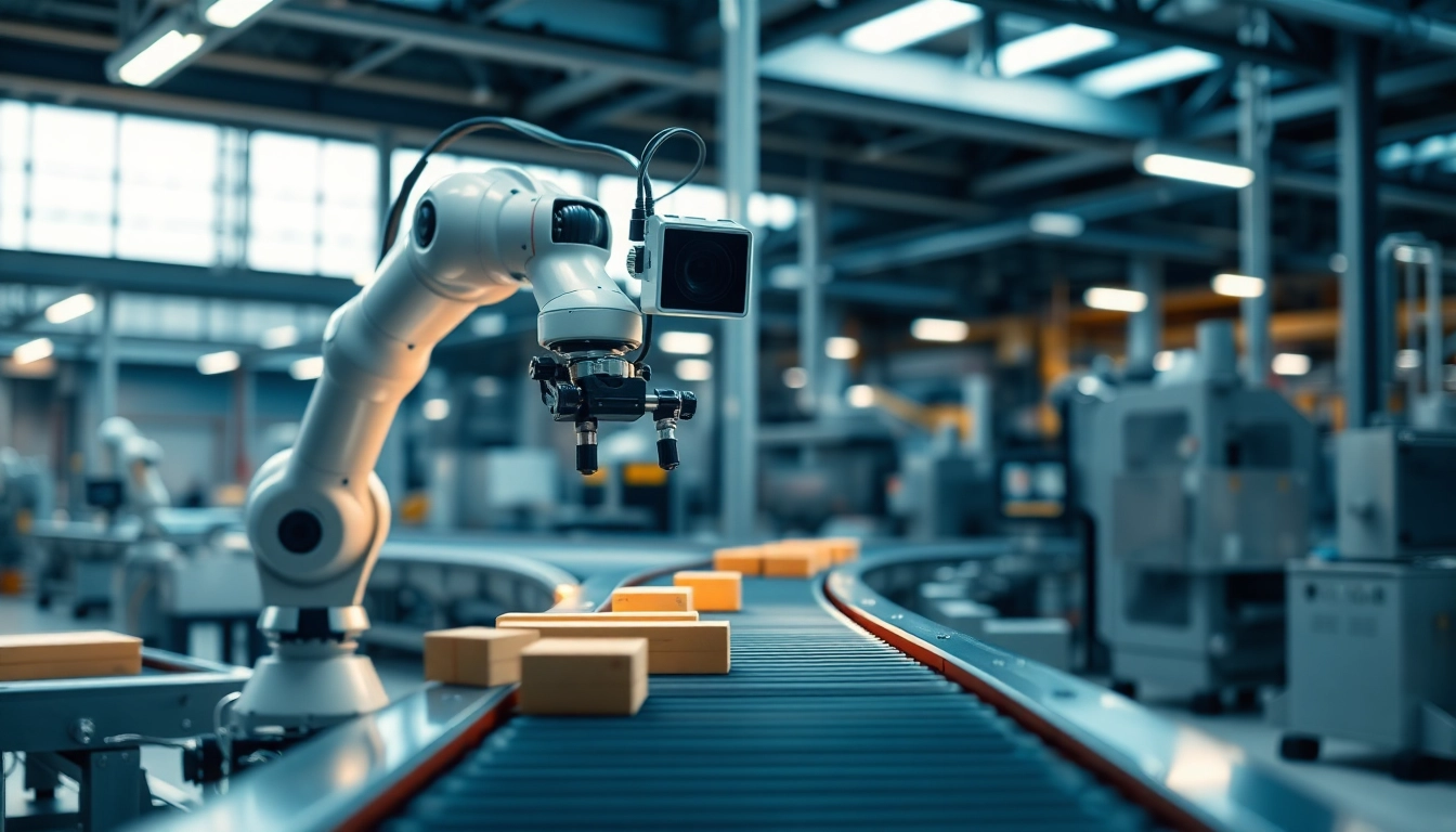 Machine vision system performing quality inspection in an industrial setting with robotic arm and camera.