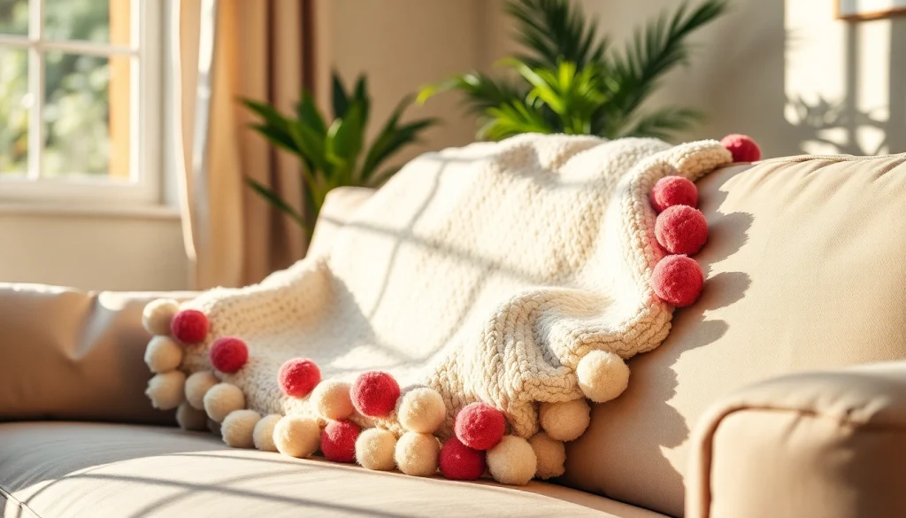 Cozy Moroccan Cotton Pompom Blankets adding vibrant style to a relaxed living room.