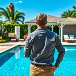 Swimming pool builder assessing a luxurious backyard with a stunning pool and inviting surrounding landscape.