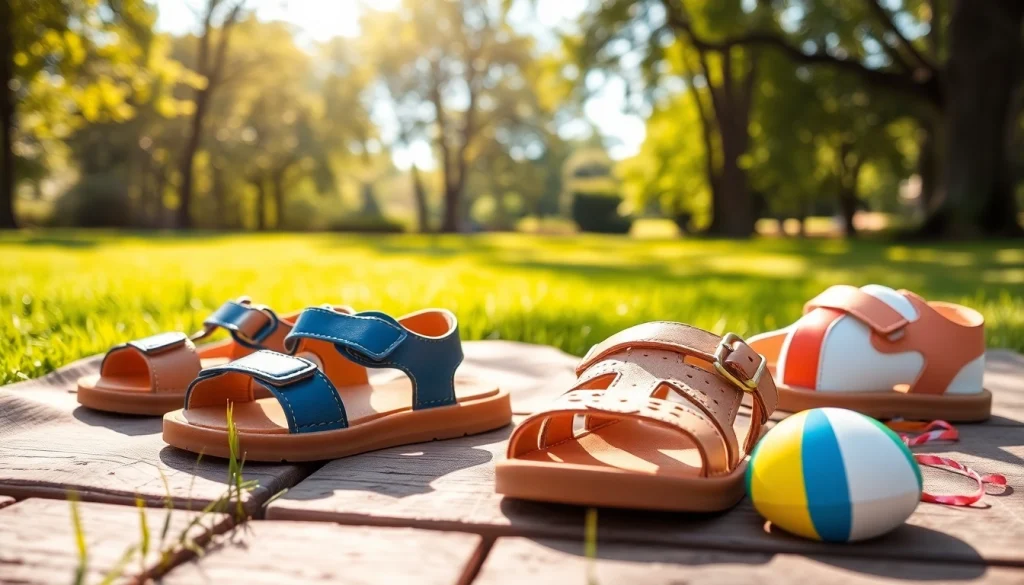 Entdecken Sie farbenfrohe Kindersandalen in einem sonnigen Park, ideal für den Sommertag.