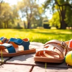 Entdecken Sie farbenfrohe Kindersandalen in einem sonnigen Park, ideal für den Sommertag.
