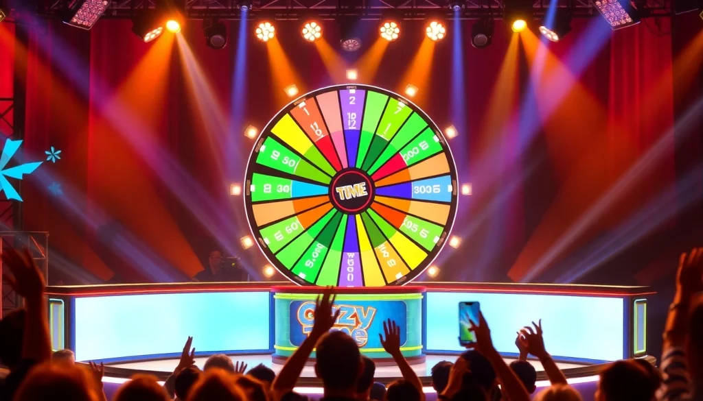 Exciting game show featuring estrazioni crazy time with a vibrant wheel and animated host engaging the audience.