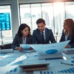 Engage in competitor pricing analysis with business analysts reviewing data in a modern office.
