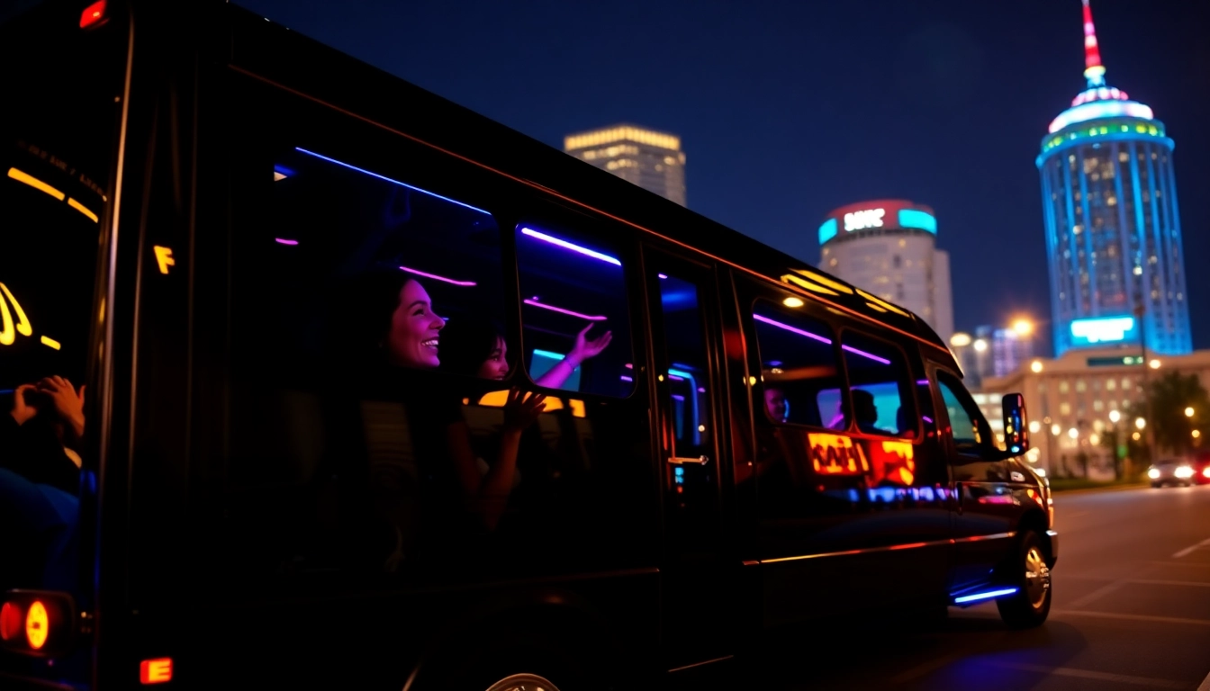 Enjoy a limo party bus in Athens, GA, with vibrant lights and joyful passengers celebrating their night out.