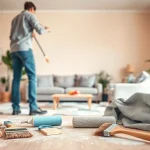 Interior painting project with professional painter applying fresh paint in a cozy living room.