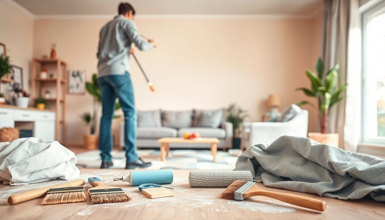Interior painting project with professional painter applying fresh paint in a cozy living room.