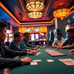 Experience the vibrant atmosphere of a singapore casino online with an intense poker game and lively background.