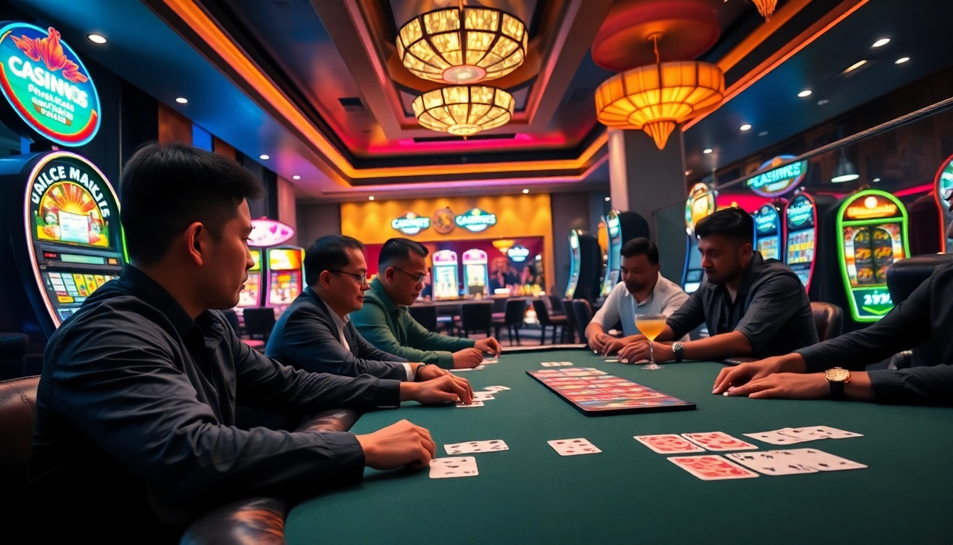 Experience the vibrant atmosphere of a singapore casino online with an intense poker game and lively background.
